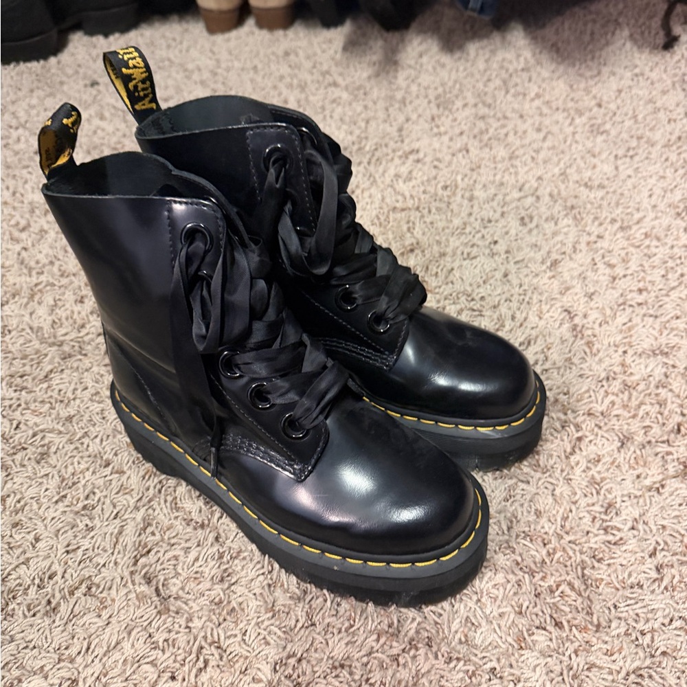 Dr. Martens Shiny Black Boots with Yellow Stitching